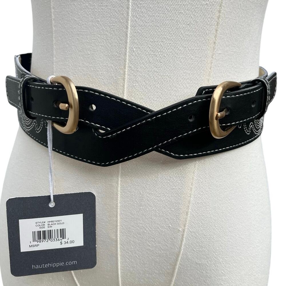 Boho Waist Cinching Fashion Belt Vegan Leather Brass Western BLK Sz S/M
